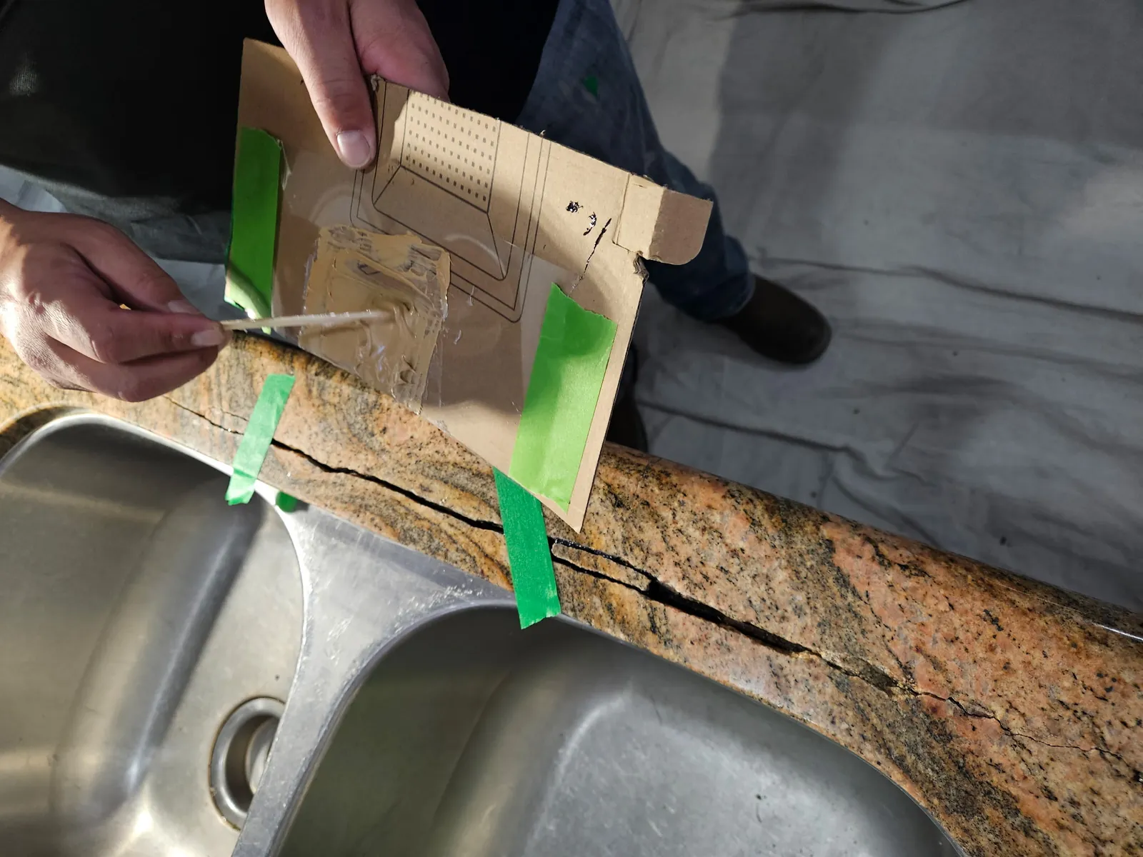 Rebuilding missing granite countertop edge section using template and color-matched epoxy near Craig Ranch Las Vegas