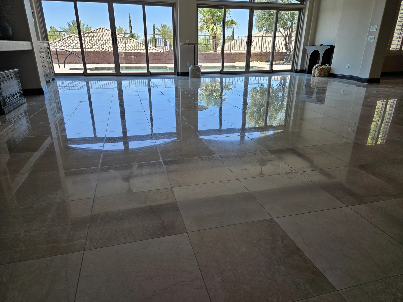 Wide Henderson marble floor after professional polishing and stone cleaning