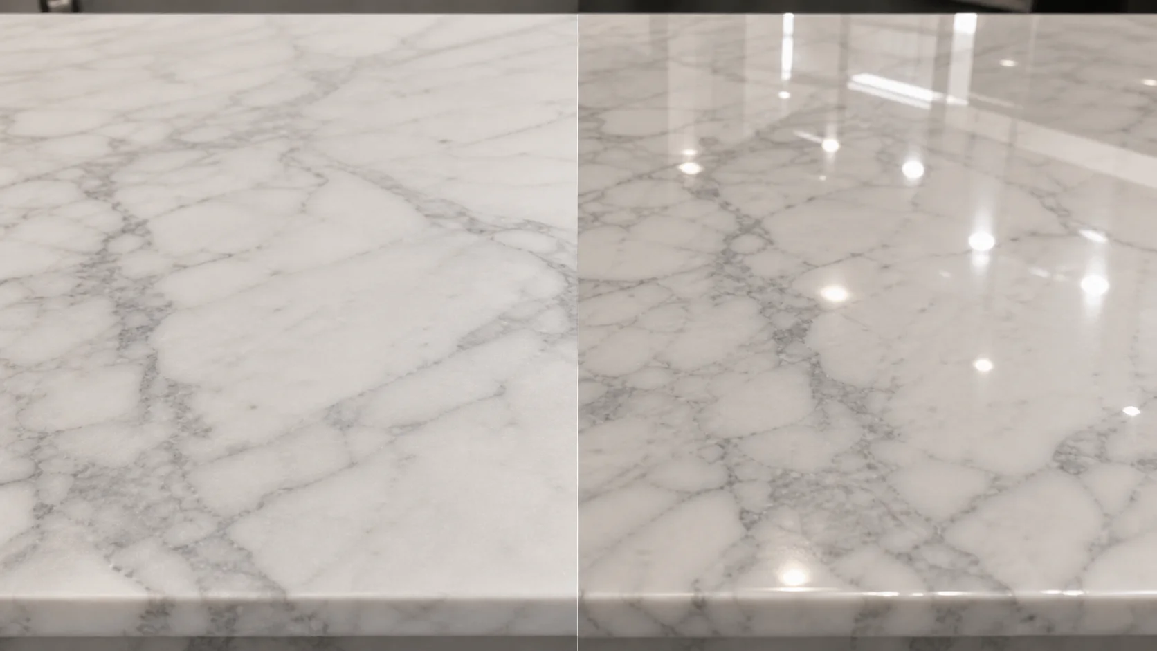 Side-by-side comparison of the same light marble with a matte honed finish on the left and glossy polished finish on the right