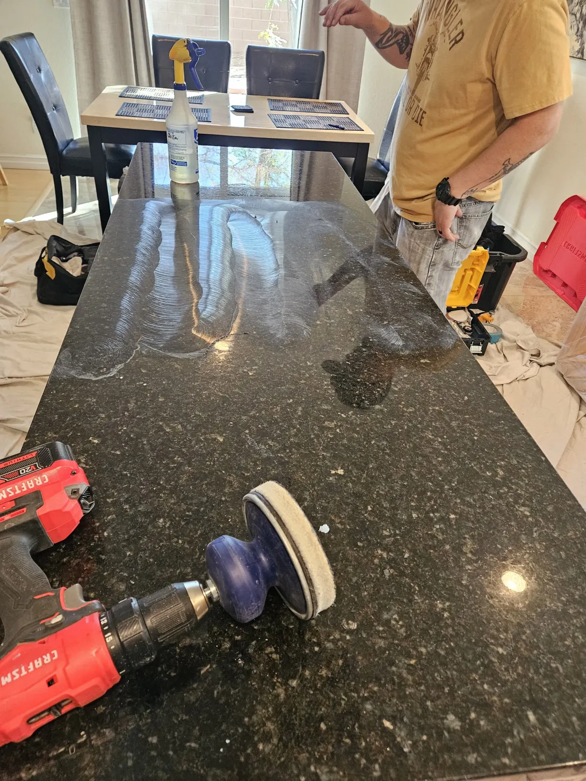 Polishing a marble countertop crack repair