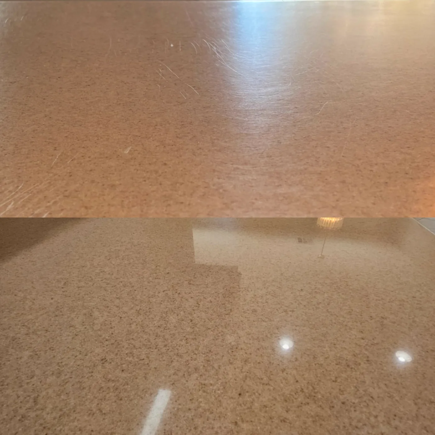 Stacked before-and-after views of scratches and the finished reflection on a beige solid-surface countertop