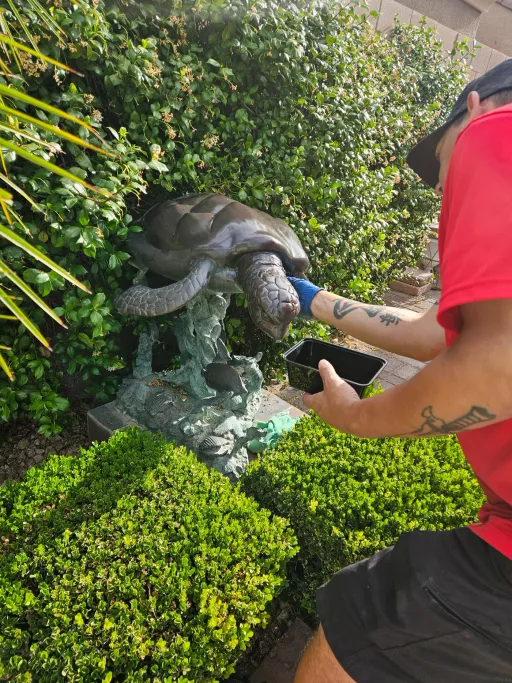 Garden statue restoration detail work on turtle sculpture