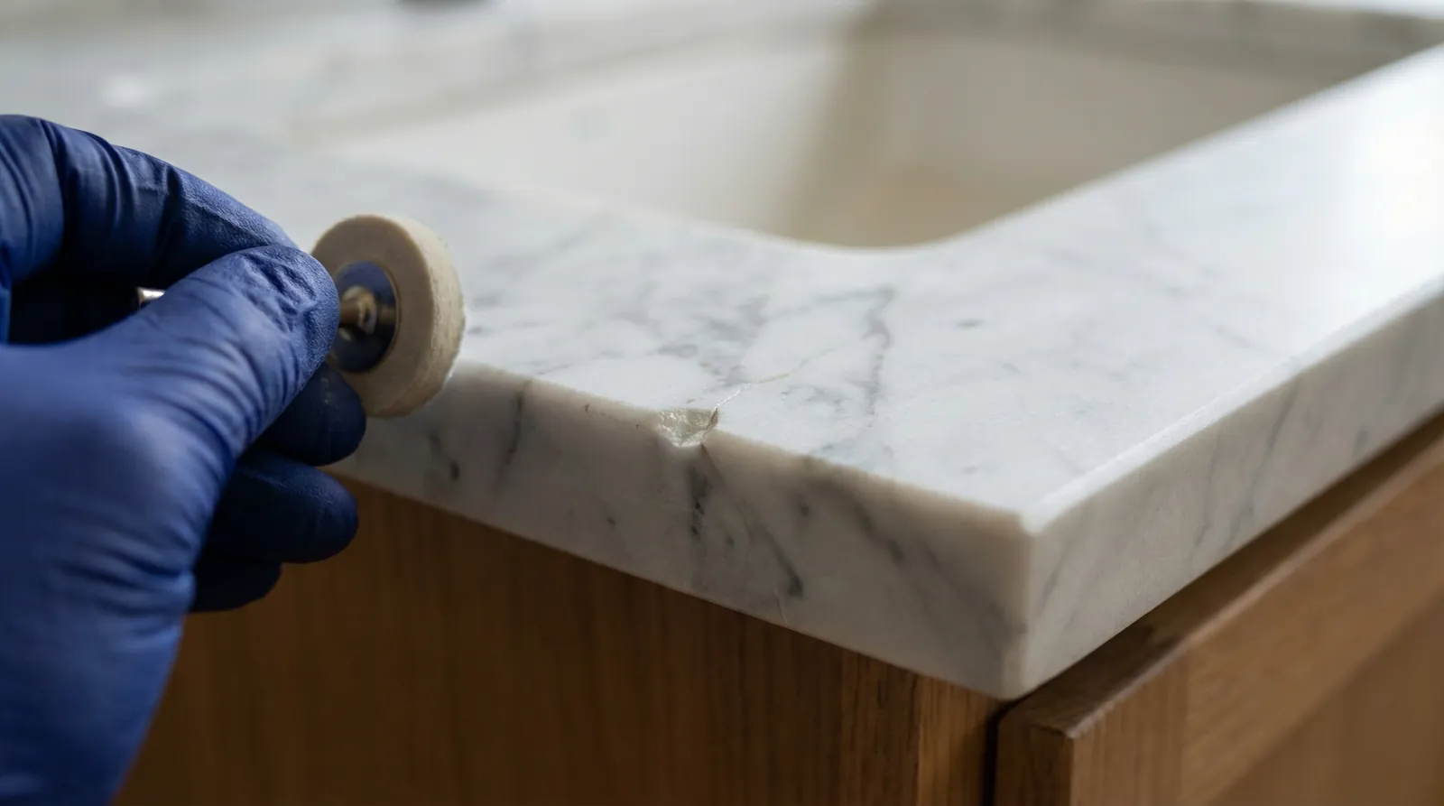 Marble edge showing acid damage repair