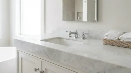 White marble vanity with pale gray movement in a Henderson bathroom