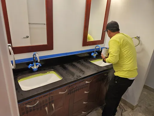 Masked granite vanity prepared for stone sealing in Las Vegas