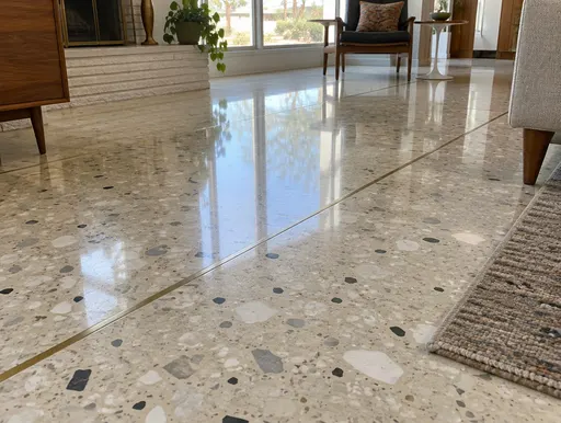 Polished cream terrazzo floor with brass divider strips