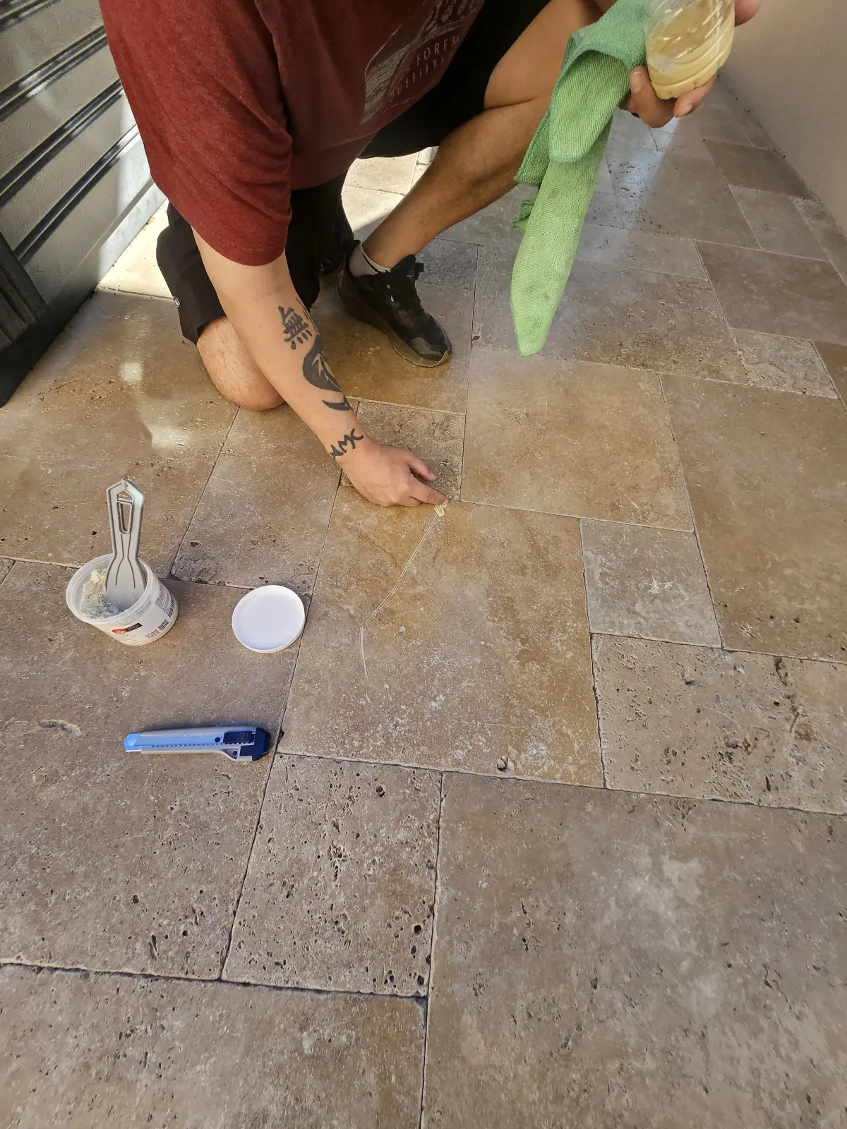 Travertine repair and filling in progress