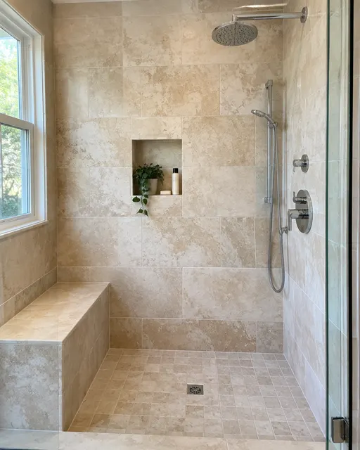 Honed travertine shower with a bench, niche and clean grout lines