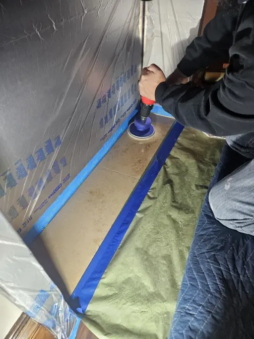 Marble threshold polishing with blue tape masking